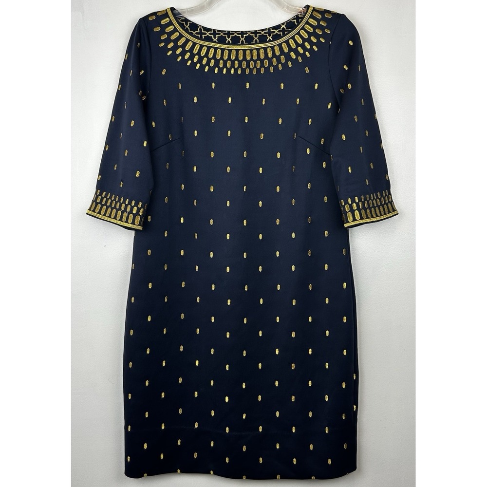 Gretchen Scott Dress Womens Small Navy Blue Gold Polka Dot Old Money Event